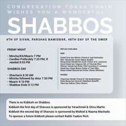 Shabbos Schedule, 4th of Sivan, 5781