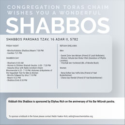 Shabbos Parshas Tzav 5782