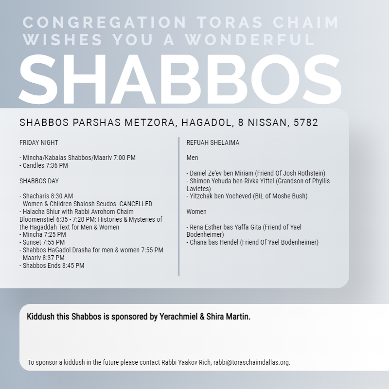 Shabbos Parshas Metzora, HaGadol 5782