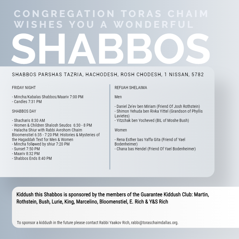 Shabbos Parshas Tazria, HaChodesh, Rosh Chodesh 5782