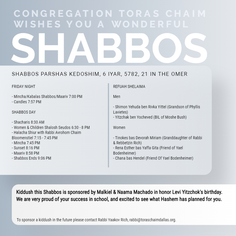 Shabbos Parshas Kedoshim 5782