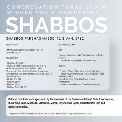 Shabbos Parshas Nasso 5782