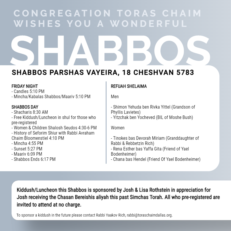 Shabbos, Parshas Vayeira, 18 Cheshvan 5783