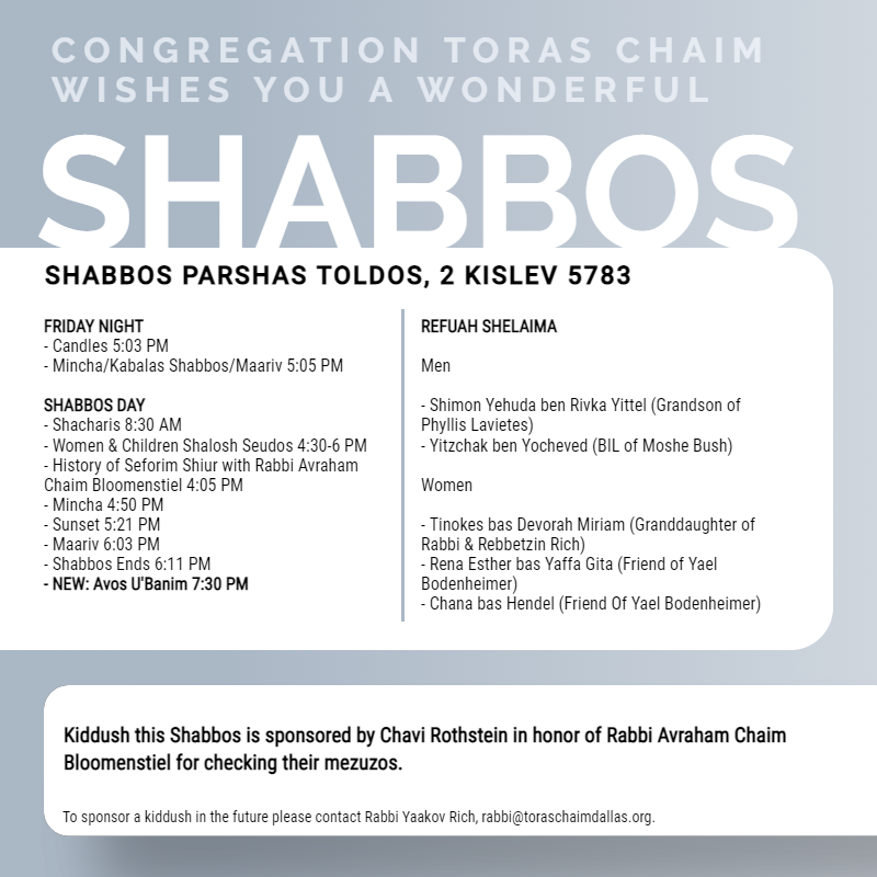 CTC Shabbos Schedule Parshas Toldos 5783