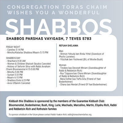 Shabbos Schedule Parshas Vayigash 5783