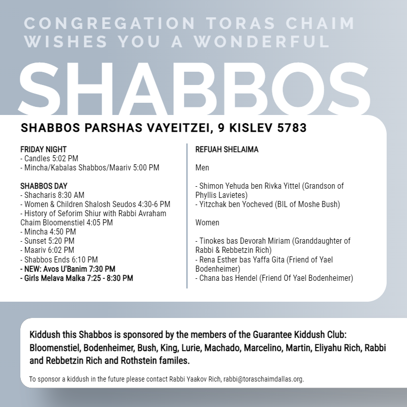 CTC Shabbos Schedule Parshas Vayeitzei 5783