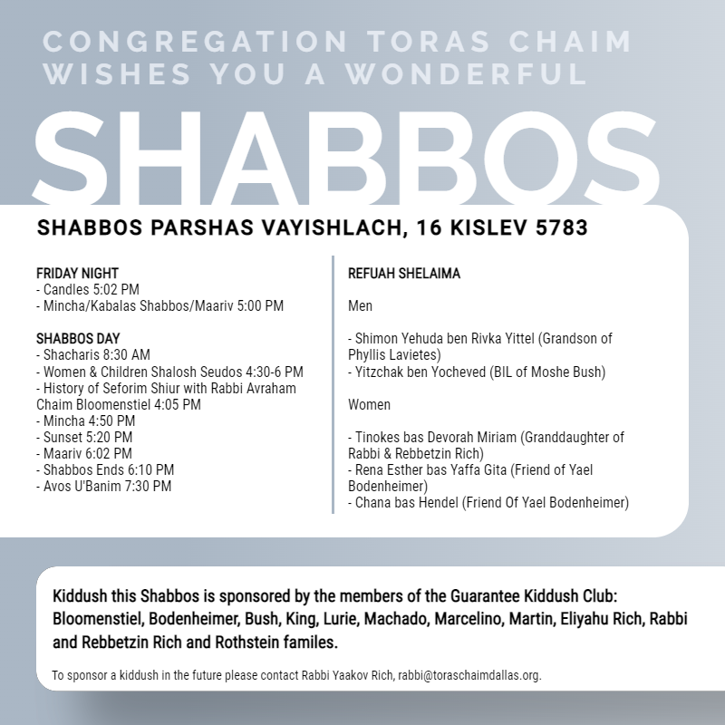 CTC Shabbos Schedule Parshas Vayishlach 5783