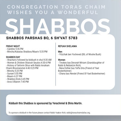 Shabbos Schedule Parshas Bo 5783