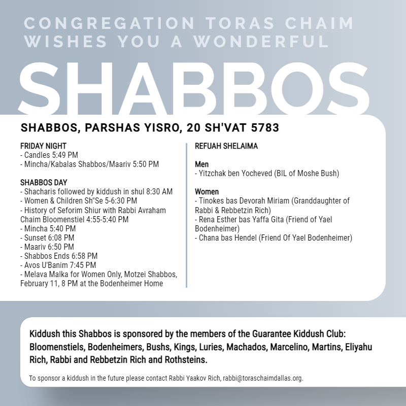 CTC Shabbos Schedule, Parshas Yisro 5783