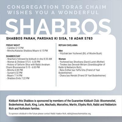 CTC Shabbos Parah, Parshas Ki Sisa 5783