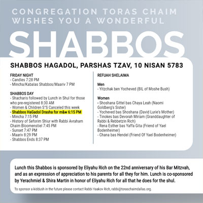 CTC Shabbos HaGadol, Parshas Tzav 5783