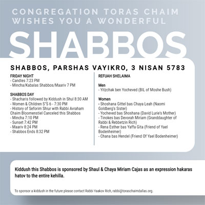 CTC Shabbos, Parshas Vayikro 5783