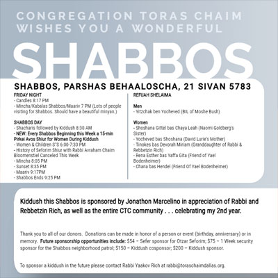 CTC Shabbos Behaaloscha 5783