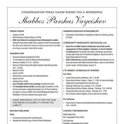 CTC Shabbos Parshas Vayeishev 5784