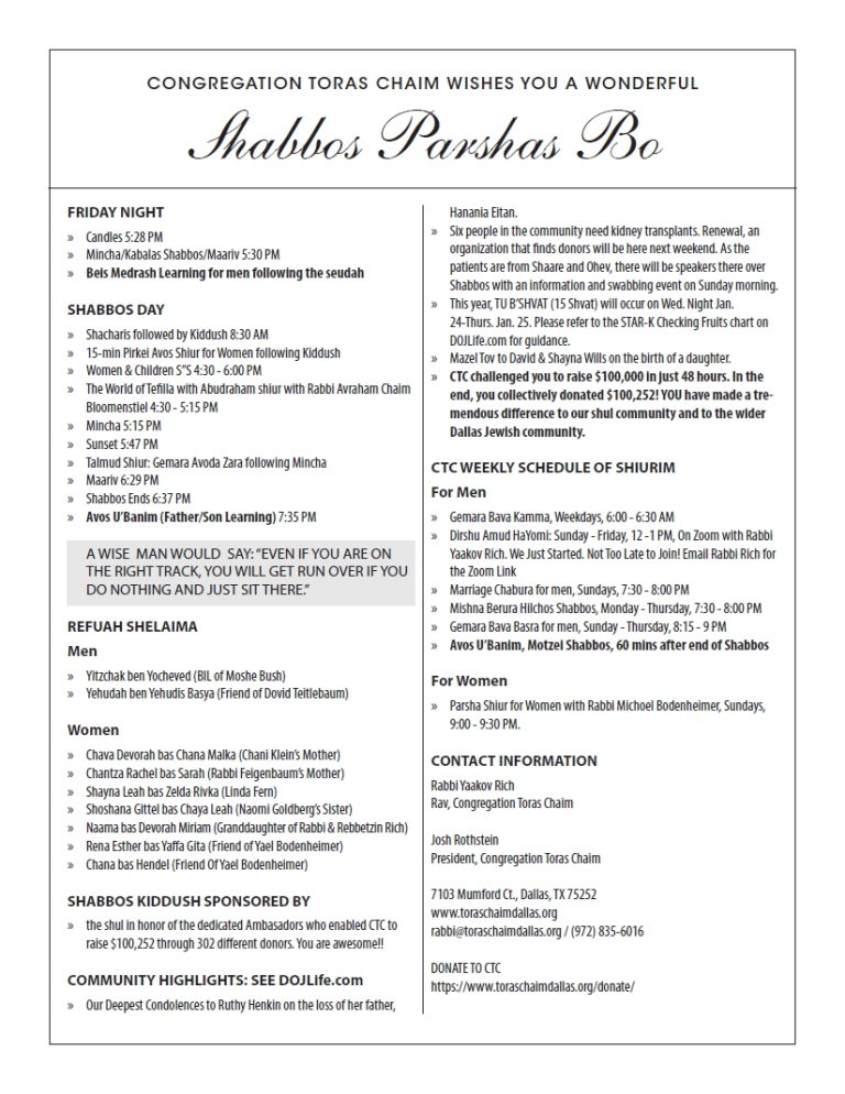 CTC Shabbos Parshas Bo 5784