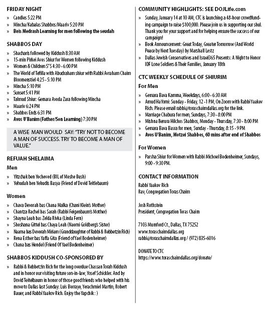 CTC Shabbos Parshas Vaeira 5784