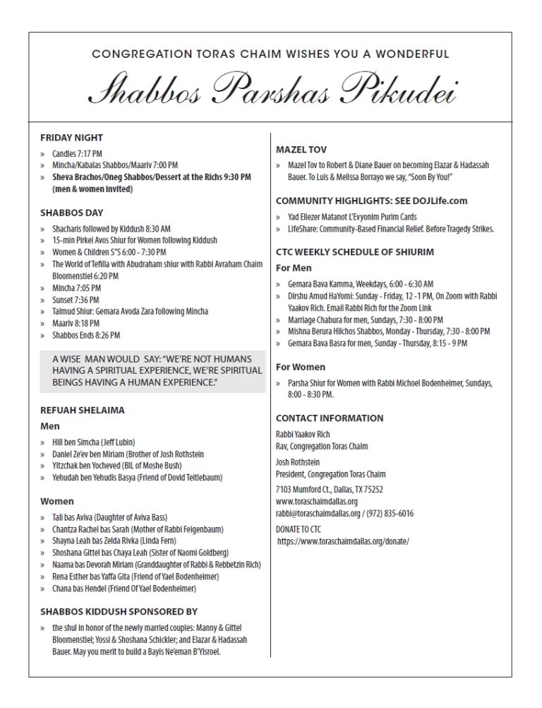 CTC Shabbos Parshas Pekudei 5784