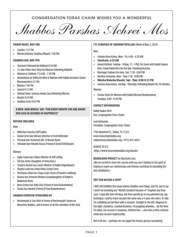 CTC Shabbos Parshas Achrei Mos 5784