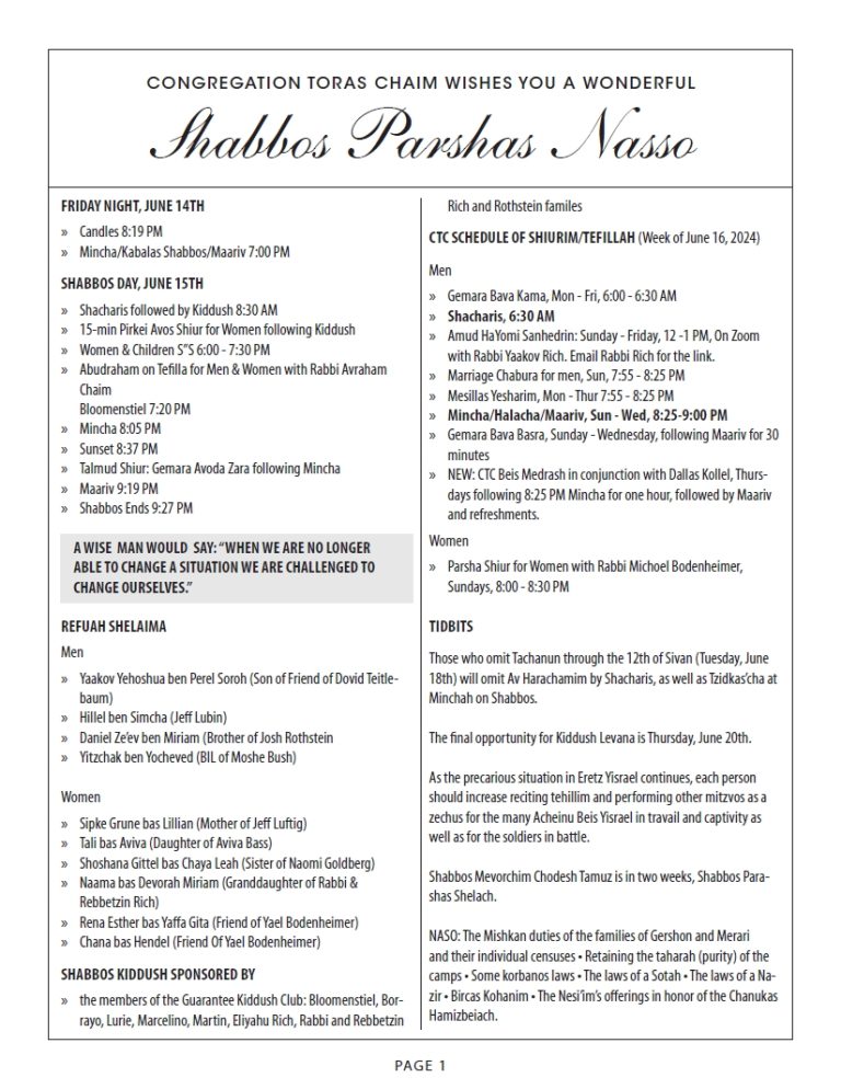 CTC Shabbos Parshas Nasso 5784