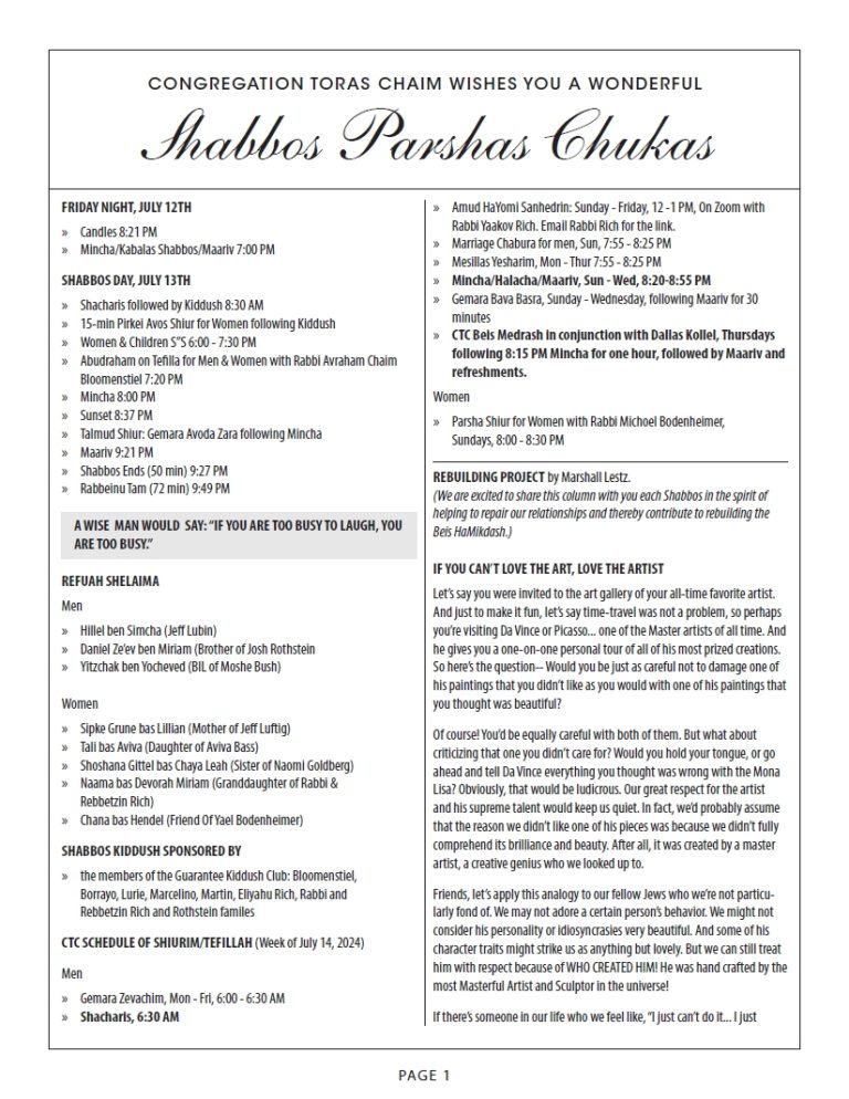 CTC Shabbos Parshas Balak 5784