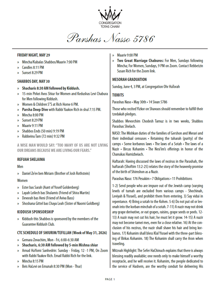 Shabbos Parshas Nasso 5786