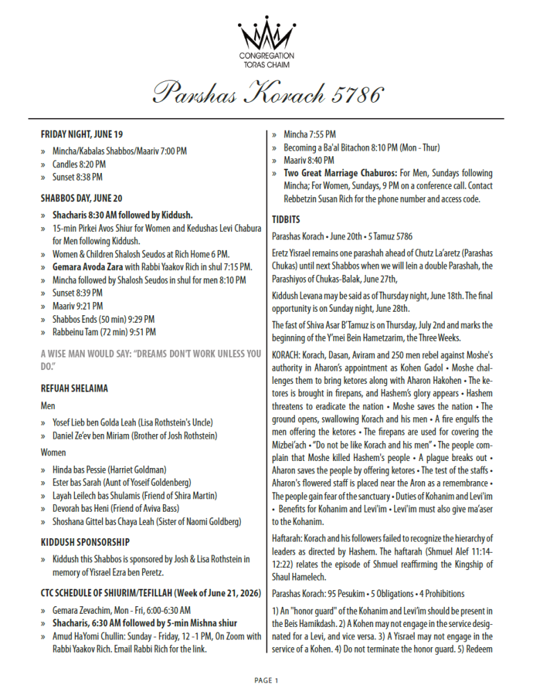 Shabbos Parshas Korach 5786